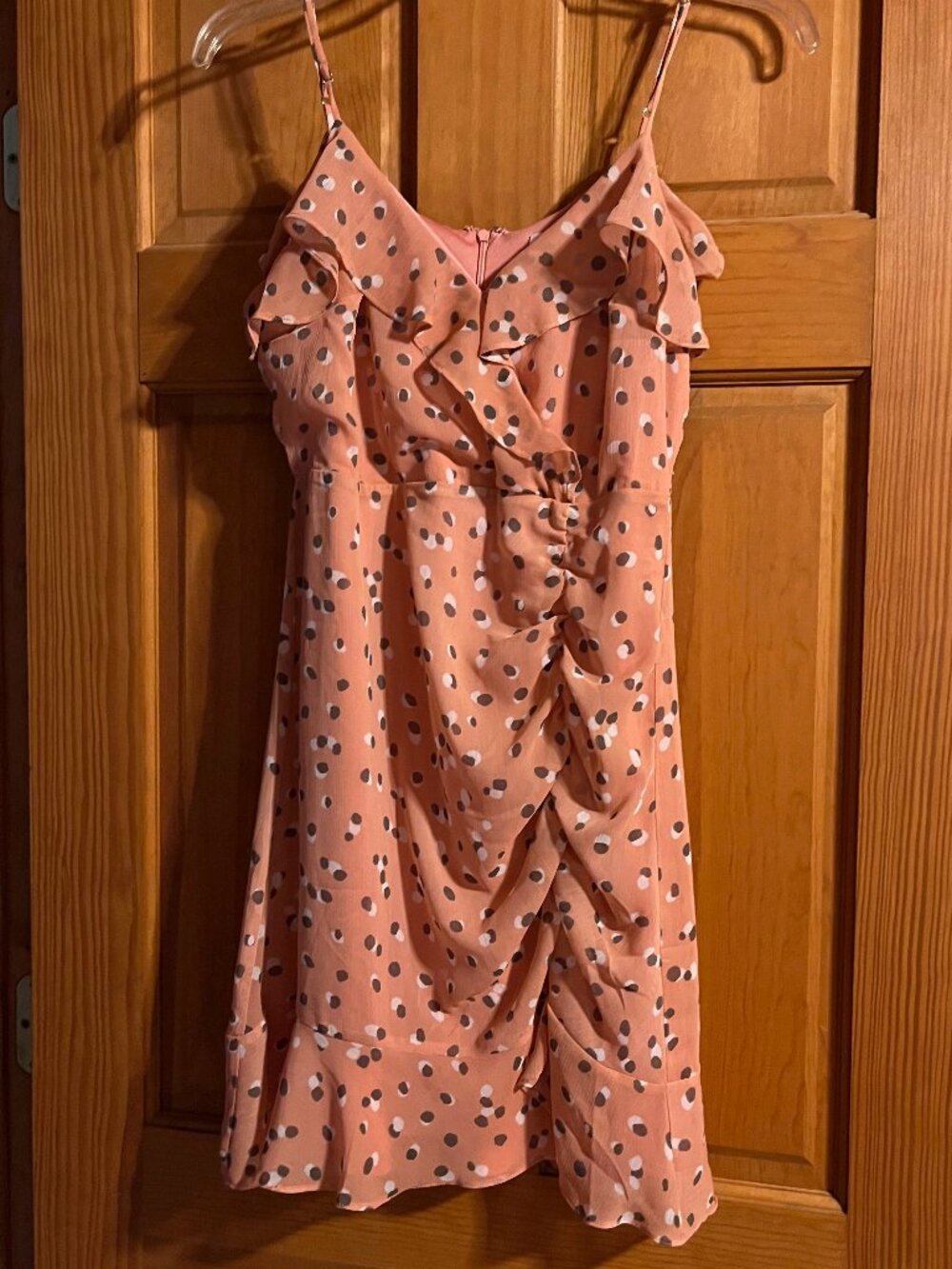All In Favor Callie Ruffle Ruched Mini Dress Mauve Pink Polka Dot -  Medium